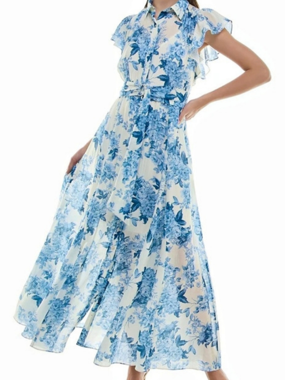 NWOT! Taylor Blue Floral V-Neck Flutter Sleeve Maxi Dress
